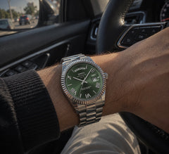 Chancellor Silver / Green on the wrist, lifestyle view 2
