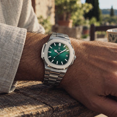 Horizon Silver / Green on the wrist, angled view
