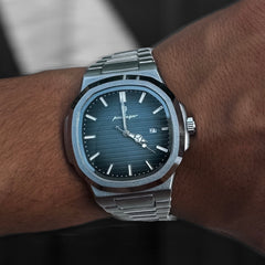 Horizon Silver / Blue on the wrist, front view