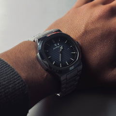 Horizon Silver / Blue on the wrist, angled view