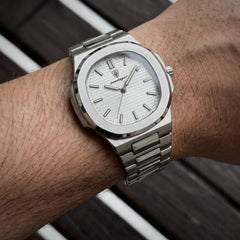 Horizon Silver / White on the wrist, close-up