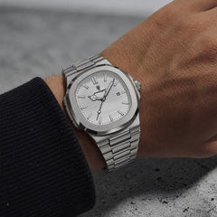 Horizon Silver / White on the wrist, angled view
