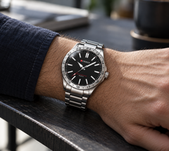 Meridian Silver / Black on the wrist, lifestyle view